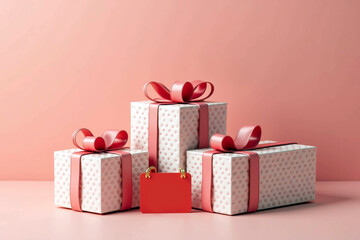 Obraz premium Stacked gift boxes with ribbons on a pink background