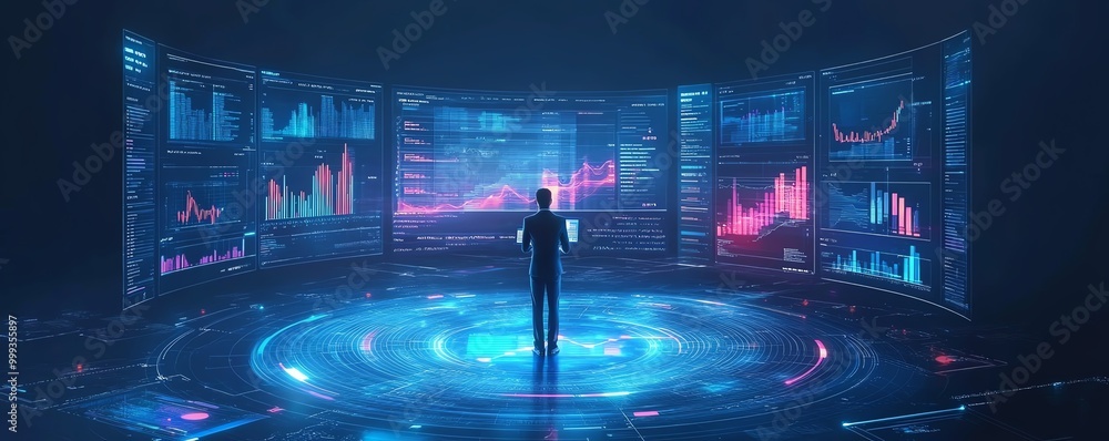 Poster Businessman with data management system by AI artificial intelligence technology to make report with KPI and metrics connected to database finance