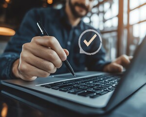 Businessman use laptop to paperless online approval, business process workflow illustrating management approval and project approve concept