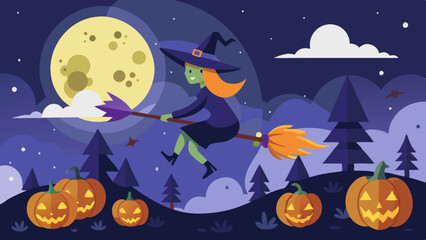 Fototapeta premium Flat illustration of a witch flying on a broomstick across a night sky filled with stars and a full moon. Below, show an autumn forest with colorful trees, scattered pumpkins, and bats flying above.