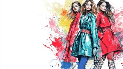 Fototapeta premium Fashionable Women in Vibrant Coats Showcasing Style and Dynamic Energy