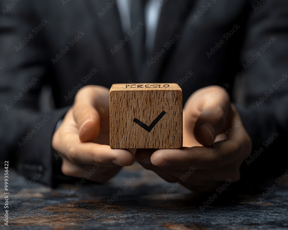 Poster Proactive or reactive solution initiative concept Businessman hold wooden block with  checkmark and text proactive