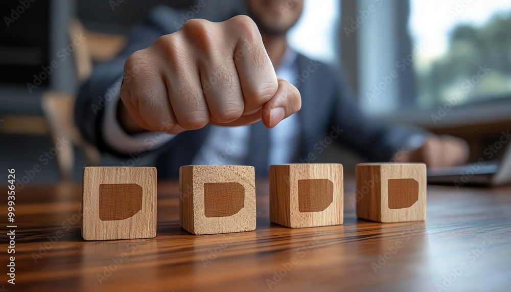 Poster Option to approve or reject on wooden blocks with businessman working in background Document approval , project assessment evaluation acceptance, and quality assurance