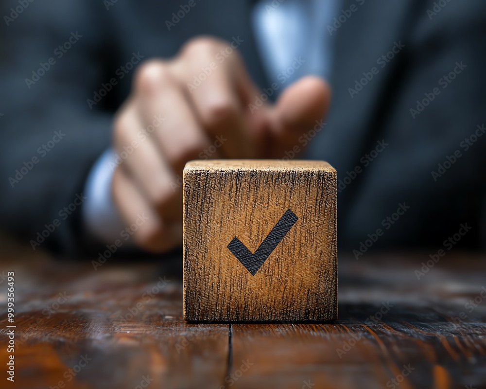 Poster Proactive or reactive solution initiative concept Businessman hold wooden block with  checkmark and text proactive