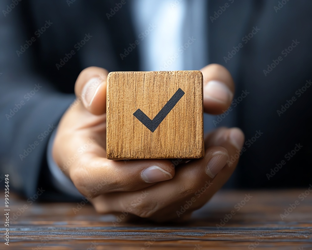 Poster Proactive or reactive solution initiative concept Businessman hold wooden block with  checkmark and text proactive