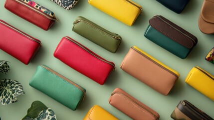 Photograph a collection of unique and stylish pencil cases with a variety of designs and colors, showcasing their functionality and aesthetic appeal 