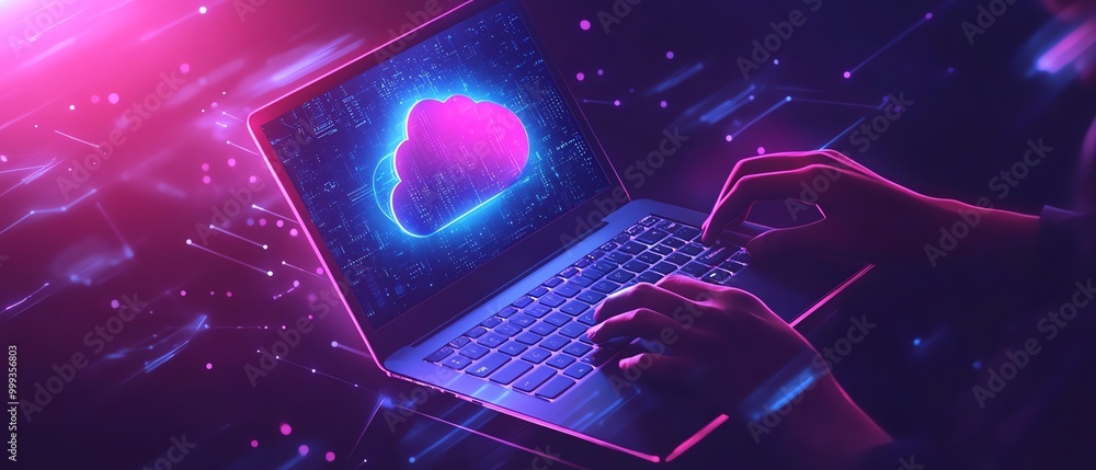 Poster Secure access to data on cloud Person use laptop with cloud computing technology that provides online network services, applications, server systems, Storage, networking