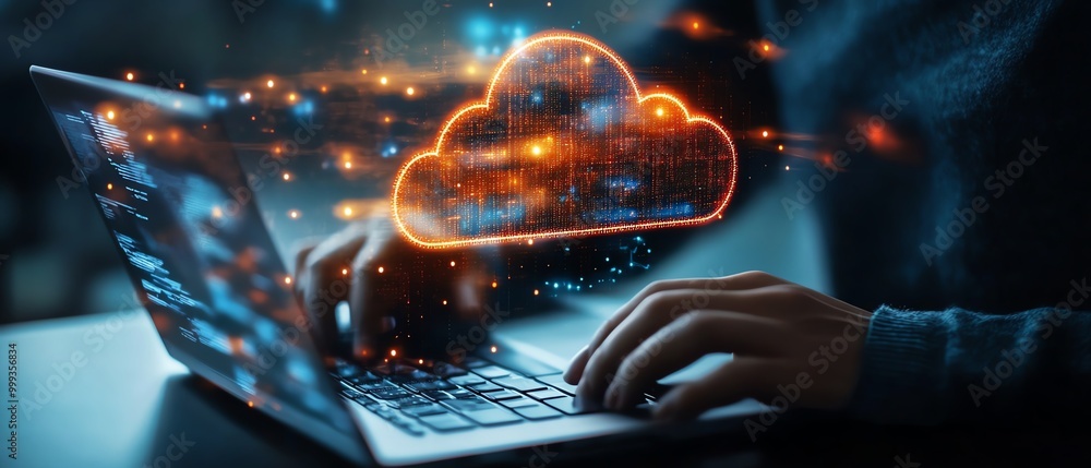 Poster Secure access to data on cloud Person use laptop with cloud computing technology that provides online network services, applications, server systems, Storage, networking