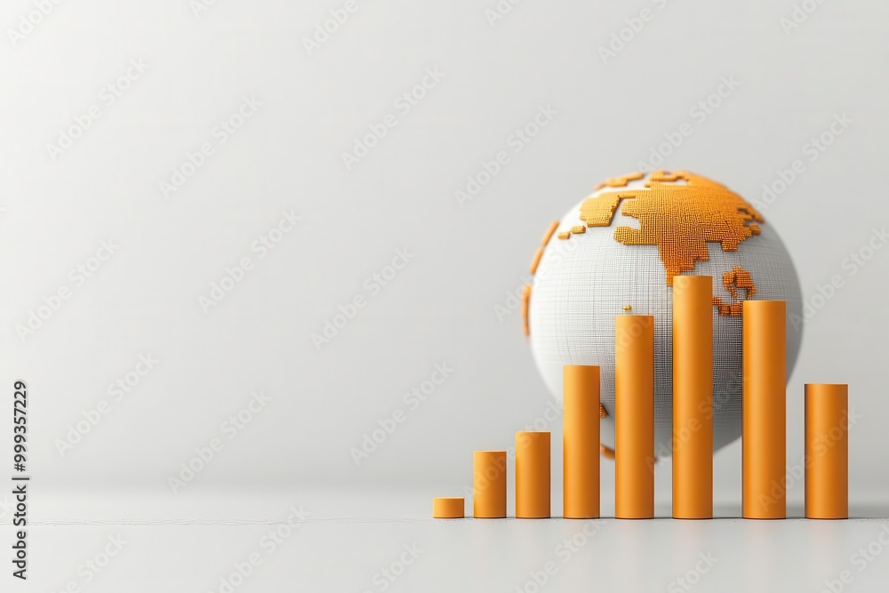 Poster a modern illustration of a globe surrounded by increasing bar graphs, symbolizing global growth and 
