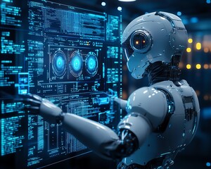 Fototapeta premium Developer updates software using AI technology, Software updates or operating system upgrades to keep your device up to date with enhanced functionality in new versions