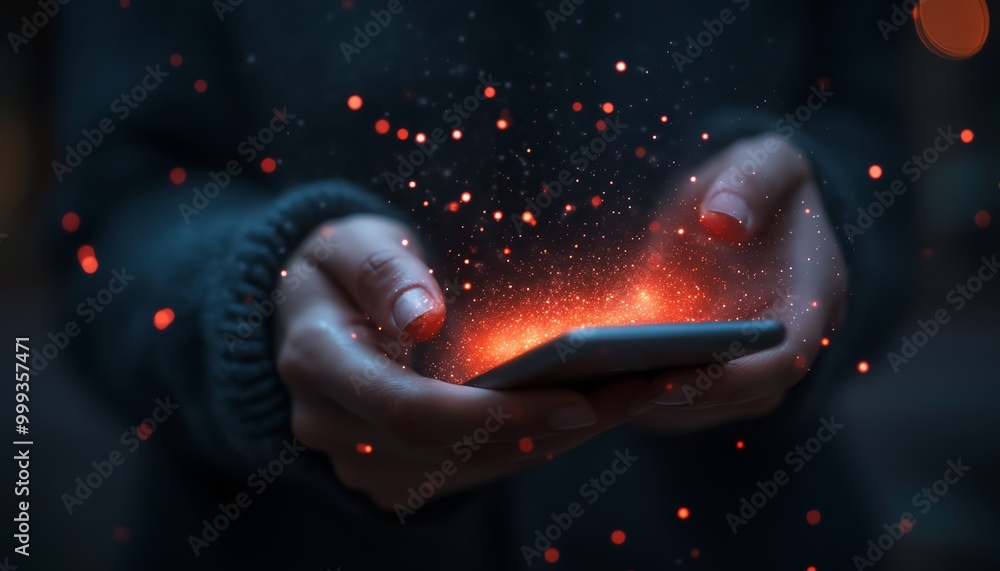 Poster Email error or email spam, Person using smartphone with email error notification on virtual screen, warning notification and spam message