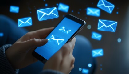 Email error or email spam, Person using smartphone with email error notification on virtual screen, warning notification and spam message