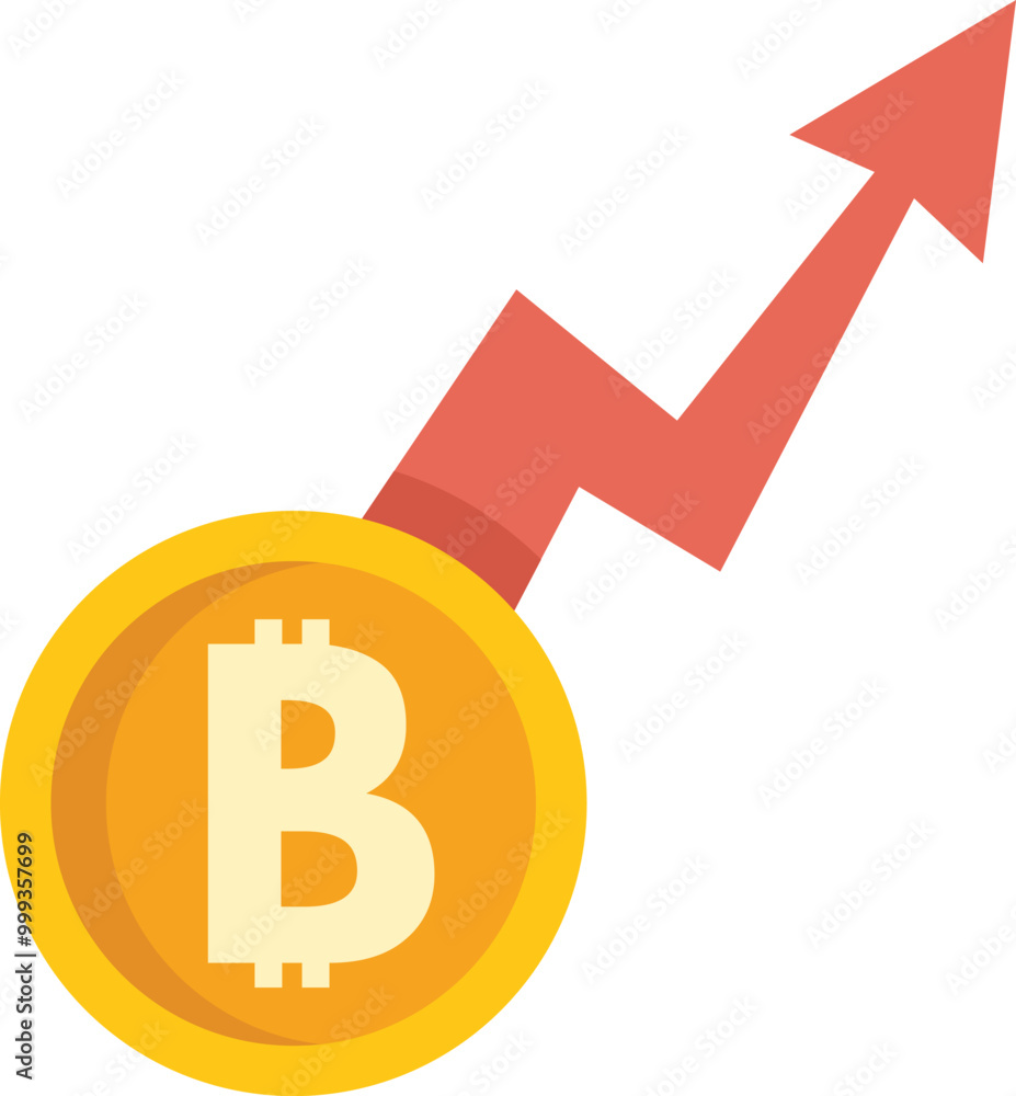 Poster golden bitcoin with a red arrow showing increasing value, illustrating the concept of investment and