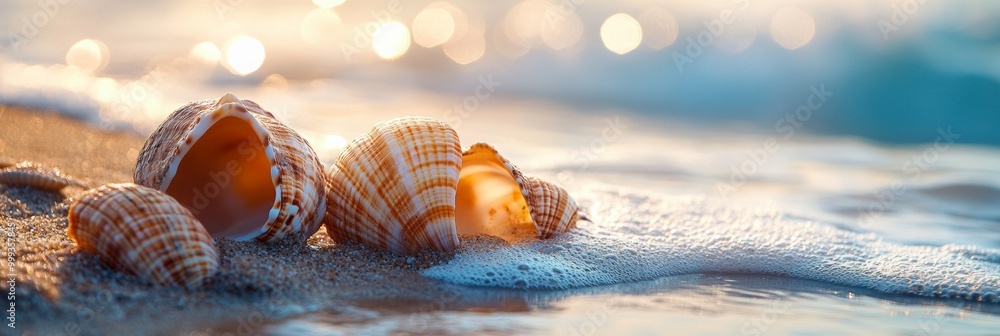 Poster seashells on the shore, intricate textures highlighted, soft ocean waves in the background creating 
