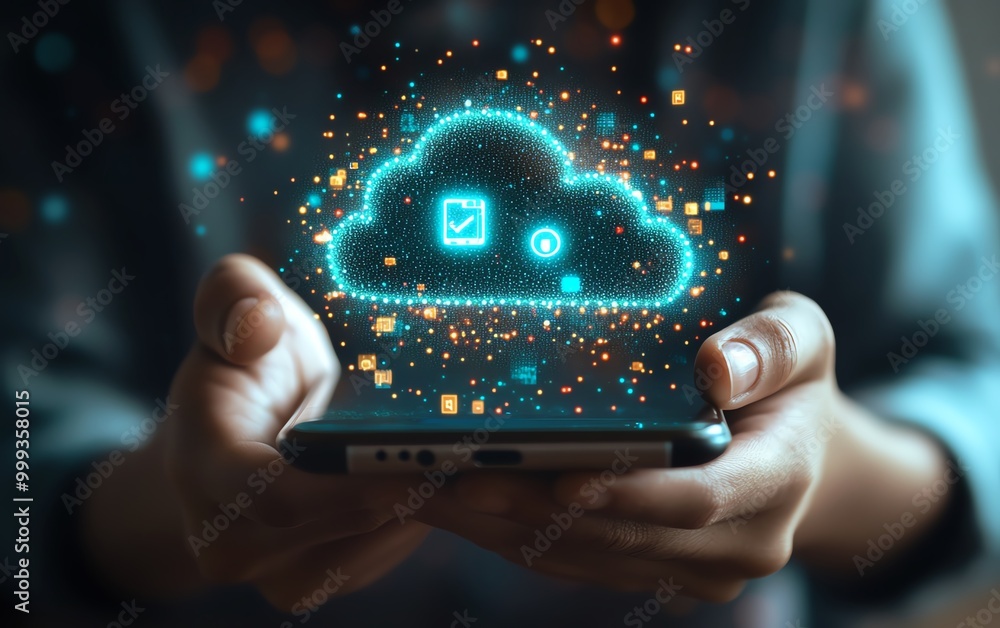 Poster Backup concept, Businessman use smartphone with virtual Cloud backup icon for data backup management Online digital data storage and connection service
