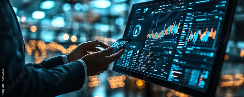 Poster Businessman show data management system on virtual screen to make report with KPI and metrics connected to database finance