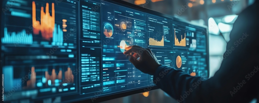Poster Businessman show data management system on virtual screen to make report with KPI and metrics connected to database finance