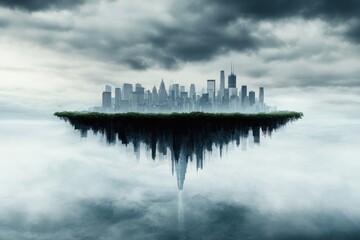 Naklejka premium A city is floating in the air with a cloud of mist surrounding it