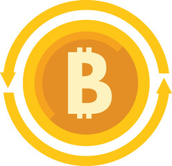 Golden bitcoin sign rotating with two circular arrows symbolizing cryptocurrency exchange