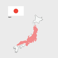 An illustration of Japan's flag, featuring a red circle symbolizing the sun, superimposed on the country's map, highlighting its island geography in white against the backdrop of the iconic flag.