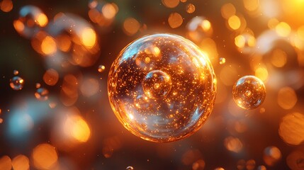 A glowing molecule encapsulated within multiple golden bubbles, creating light reflections in a surreal 3D environment