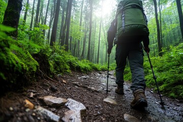 A man is walking on a trail in the woods