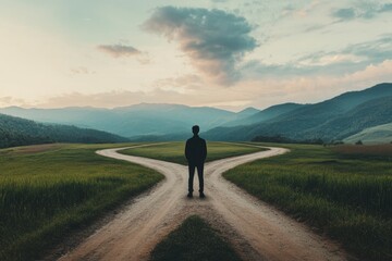A man stands in the middle of a road with two paths ahead of him