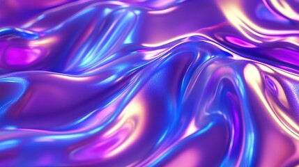 Obraz premium Metallic liquid background. Abstract neon texture. Rainbow 3d holographic foil. Wavy glossy surface in blue and purple colors