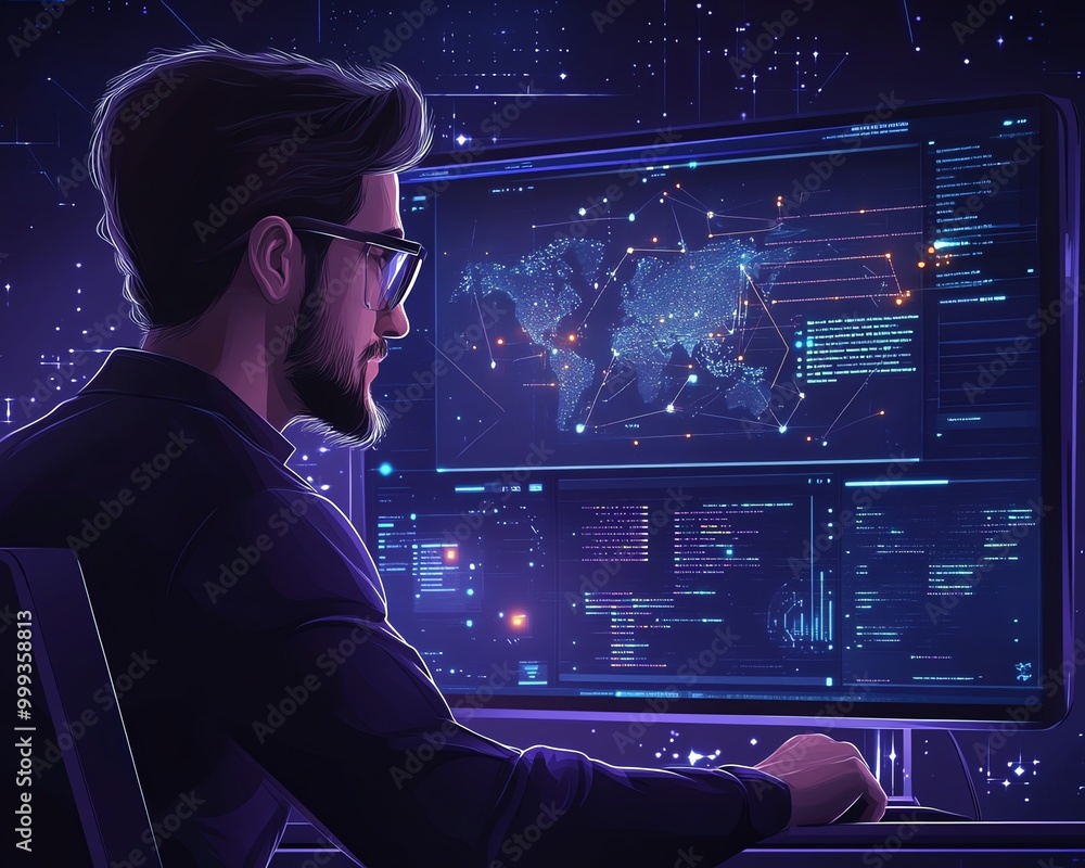 Poster artificial intelligence cyber security threat illustration concept ai banner male it specialist anal
