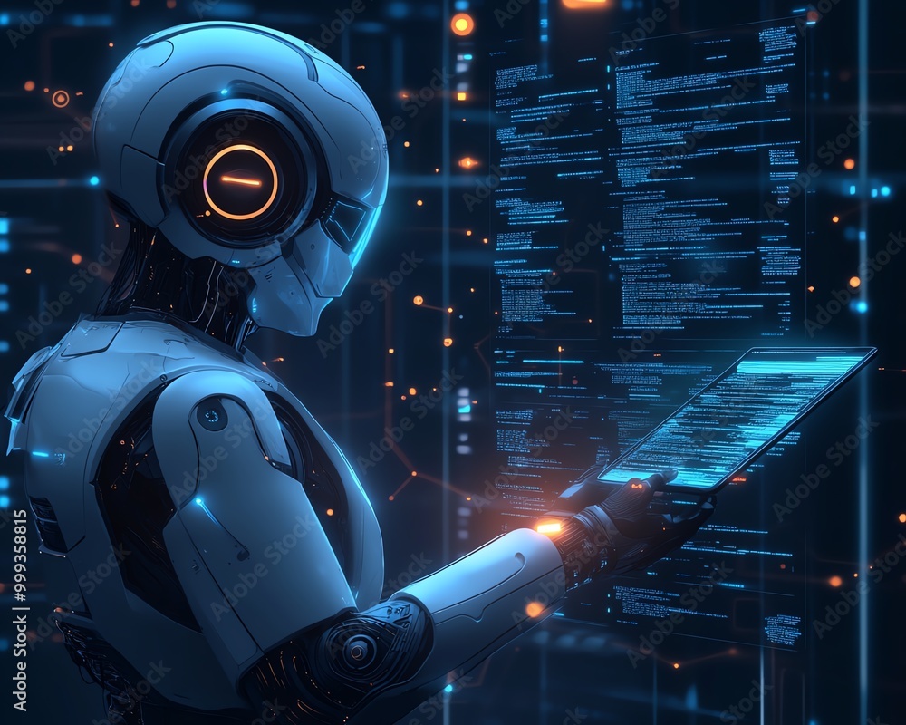 Poster artificial intelligence cyber security threat illustration concept ai banner male it specialist anal