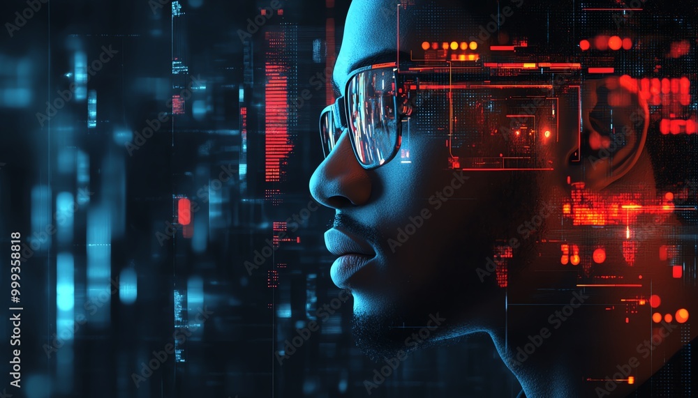 Poster artificial intelligence cyber security threat illustration concept ai banner male it specialist anal