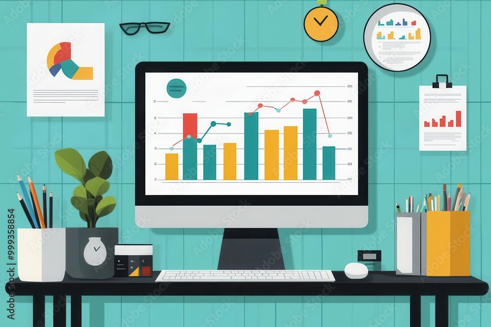 Poster a modern workspace featuring a computer displaying colorful graphs, surrounded by office supplies an
