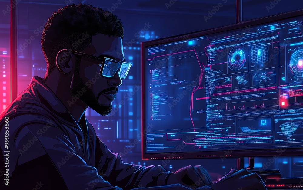 Poster artificial intelligence cyber security threat illustration concept ai banner male it specialist anal