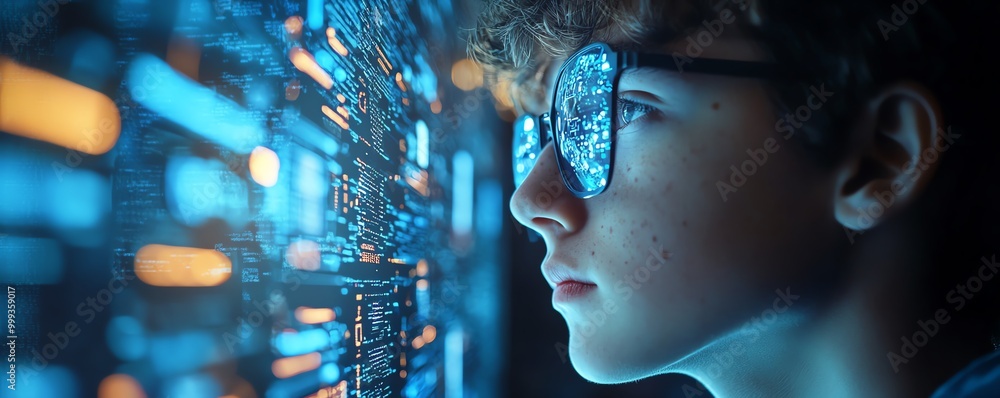 Poster college student working on computer using ai artificial intelligence technology machine learning int