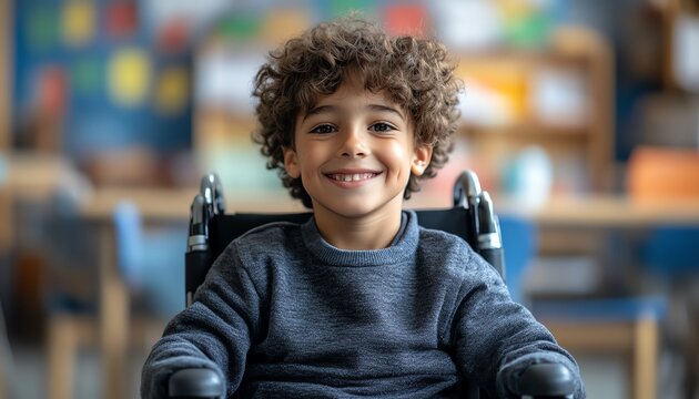 Happy disabled schoolboy in wheelchair Young boy with disability in inclusive school classroom Diversity equality  inclusion in primary education