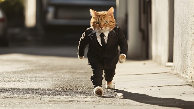 Cat in a mafia-inspired suit walking with a smug expression and confident stride