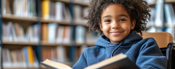 Happy young disabled mixed race school student in wheelchair reading a library book African american child with disability learning Inclusive  diverse education
