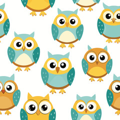 Fototapeta premium This delightful seamless pattern features charming little owlets in various pastel colors set against a clean white background perfect for kids decor