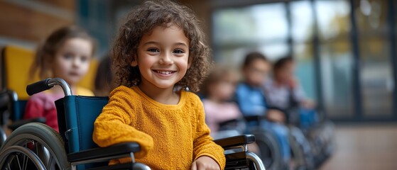 Inclusive image of happy multiethnic disabled children in wheelchairs with special needs playing  learning at rehab daycare school for handicapped kids Inclusion  diversity in educ