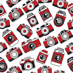 The design showcases an array of colorful little photography cameras arranged in a seamless pattern creating an engaging visual appeal for photography enthusiasts