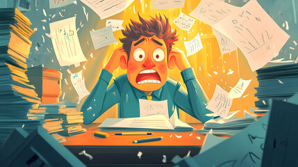 Messy office desk working man stressed frustration overwhelm burnout, paper files folders, stress work overtime busy businessman, finance business worker headache mental health balance high pressure