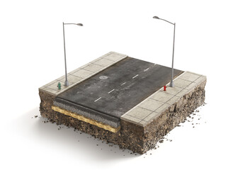 pieces of road. Can see road structure. 3d illustration