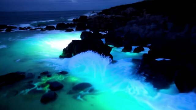 Capture the surreal beauty of bioluminescent waves glowing bright blue in a remote, hidden cove at night, lighting up the shoreline with every splash.
