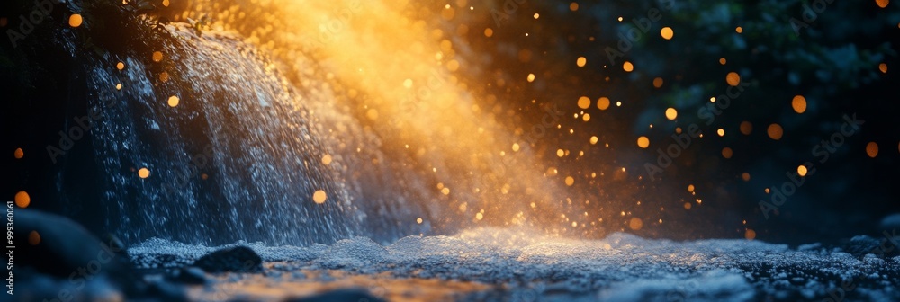 Poster sunbeams illuminating waterfall, vibrant rays piercing cascading water, creating a mesmerizing inter