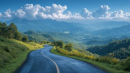 Fototapeta premium Serene Mountain Road Winding Through Lush Greenery