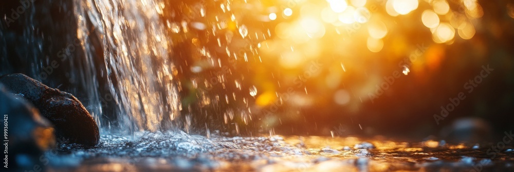 Poster sunbeams illuminating cascading waterfall, radiant light filtering through crystal clear water, crea
