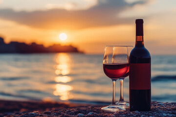 Wine Bottle and Two Glasses on Seashore