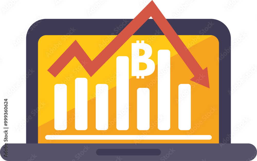 Aufkleber laptop showing a bitcoin symbol and a financial chart with a red arrow going down