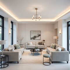 Minimalist Living Room with Soft Beige Sofas and Subtle Lighting