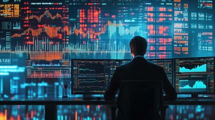 Fototapeta premium Immersed in Market Chaos: A CGI Visualization of a Financial Analyst Confronting Unpredictable Volatility